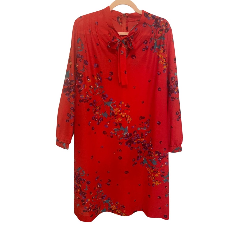Vintage Dress Toni Todd Red Berry Floral Bow Long Sleeve Shift Dress